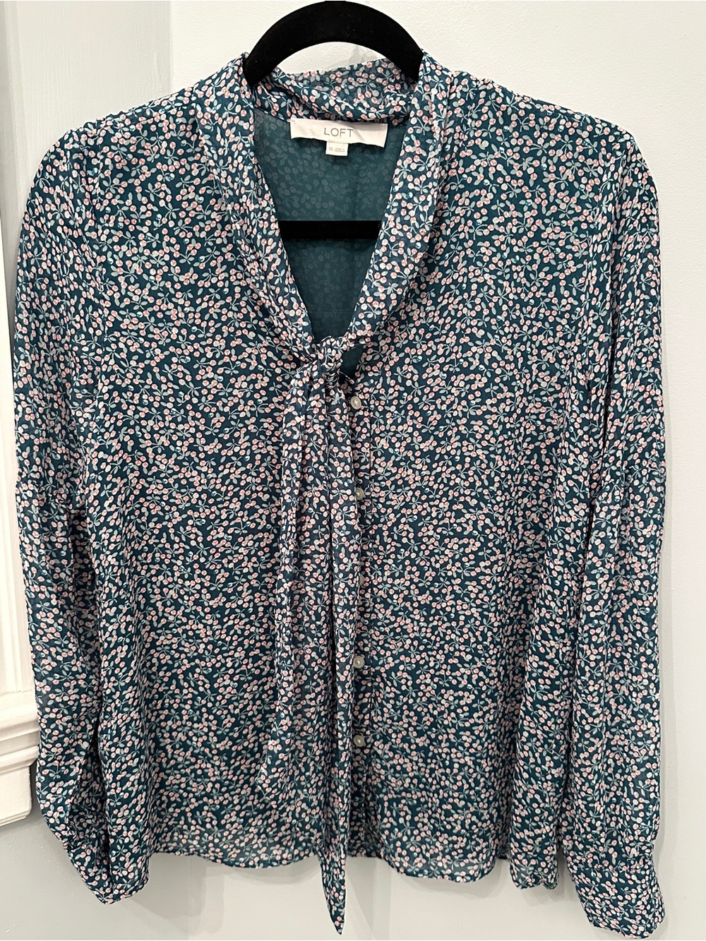 LOFT Teal Floral Tie-Neck Blouse with Pink Accents